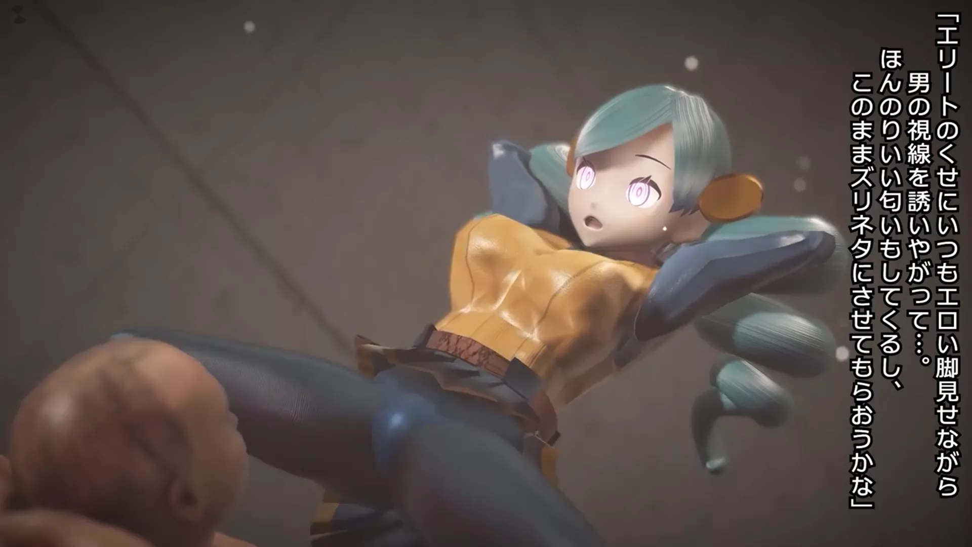 LF Color Source: Pokemon, hands behind head, old man, bald, mind control, MMD, 3d animation, japanese text, 1girl