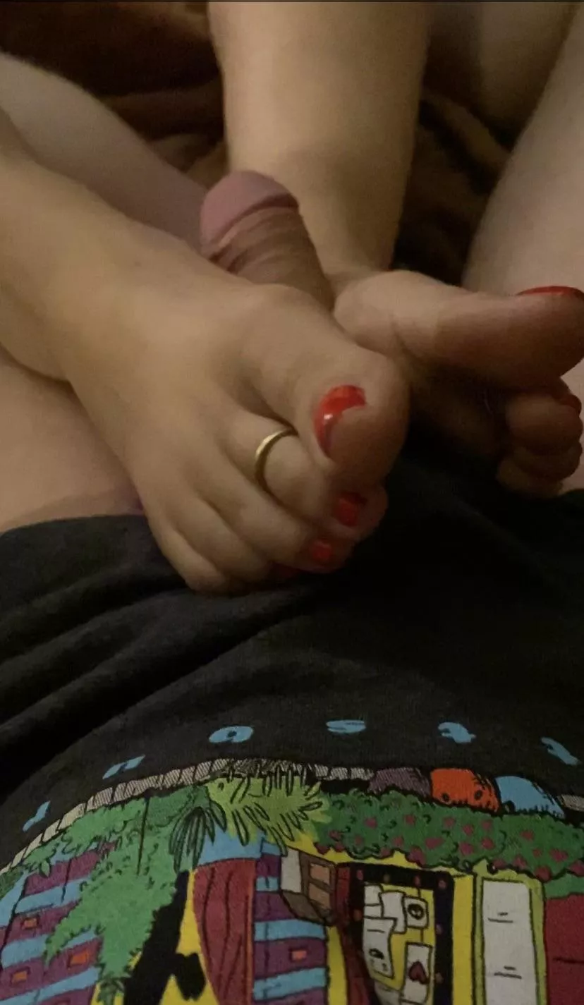 My cock’s favorite place in the world is between her soft pretty little pedicured feet- HEAVEN.