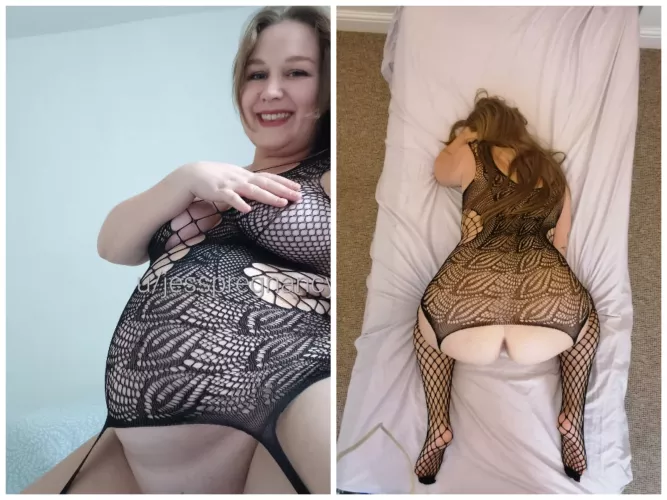 5 months pregnant now but would you still fuck me in my body stockings 😏? Front and back view for you 😘