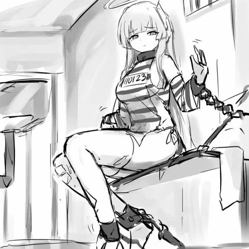 LF MONO SOURCE: Noa_blue_archive,1girl,white_hair,prison_uniform,thighhighs,stripe,long_hair,prison_cell,chained