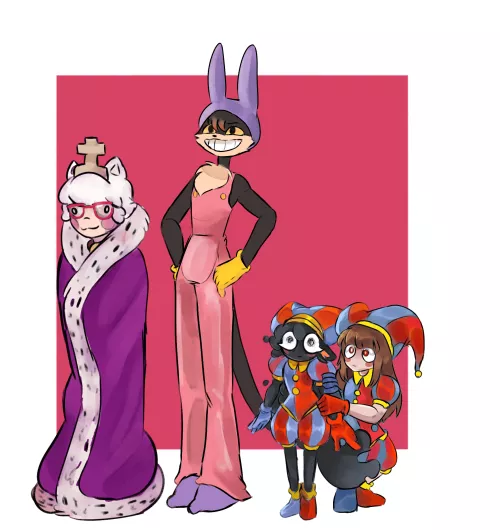 Some of my OCs cosplaying as digital circus characters (art by me)