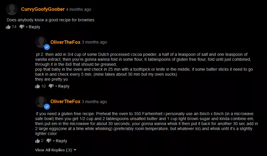 some guy asking for a brownie recipe