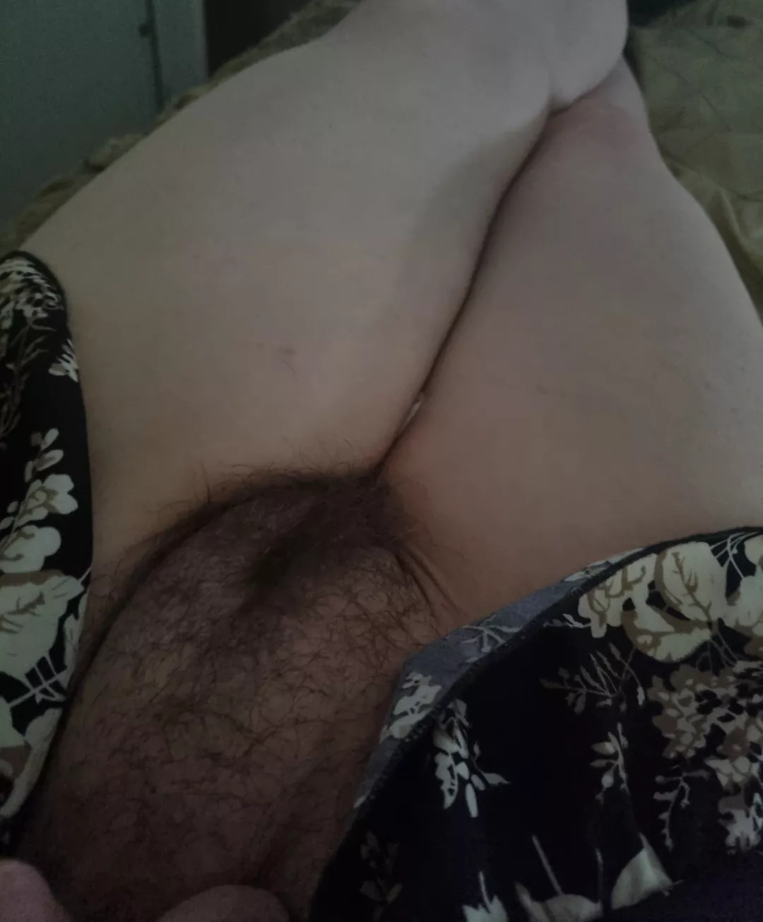 Hehe lift my dress and hello hairy bush I'm liking the no undies