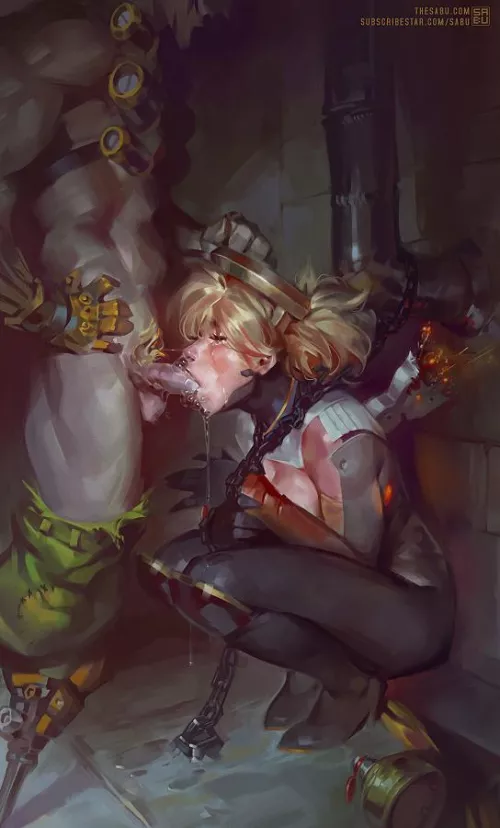 Junkrat lets Mercy know what he thinks about her rezzing a million times in the last fight (Sabudanego)