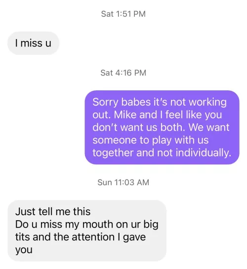 Our ex fling got to attached so we had to let her go.