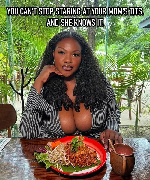 it's so embarrassing trying to hide my bulge; i just wanna stand up and bust all over my mom's tits😖