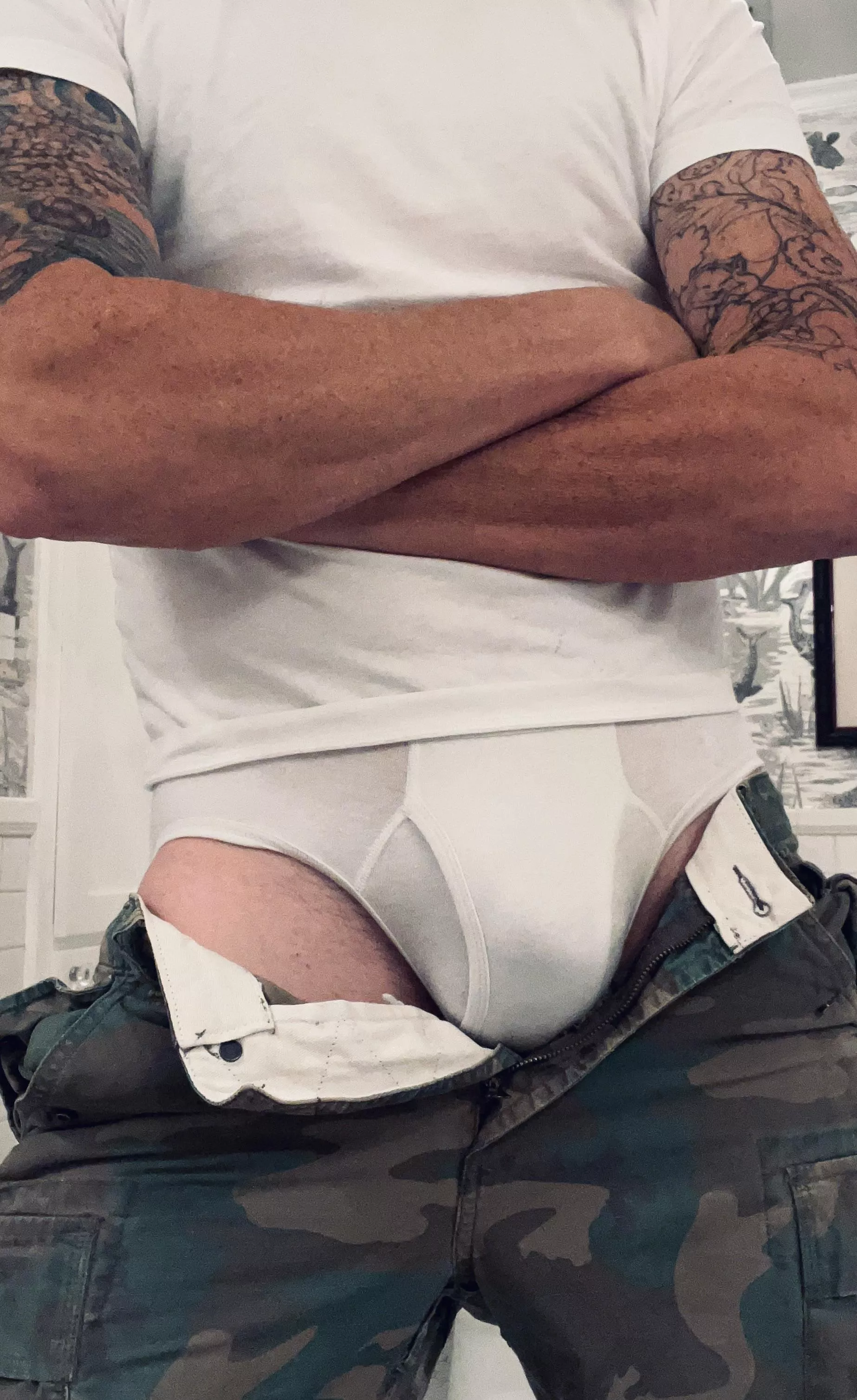 White briefs and cammo for Tuesday.