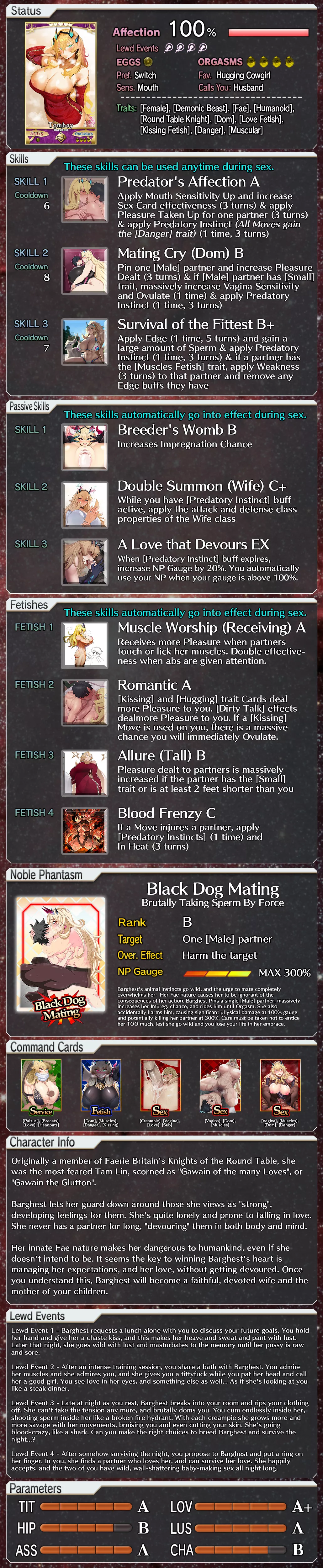 A lewd gameplay profile for Barghest from FGO! [Male Viewer] [Hetero] [Big Breasts] [FGO] [Muscle Worship] [Romance] [Lovey-dovey] [Danger] [Potential for harm] [Impregnation]