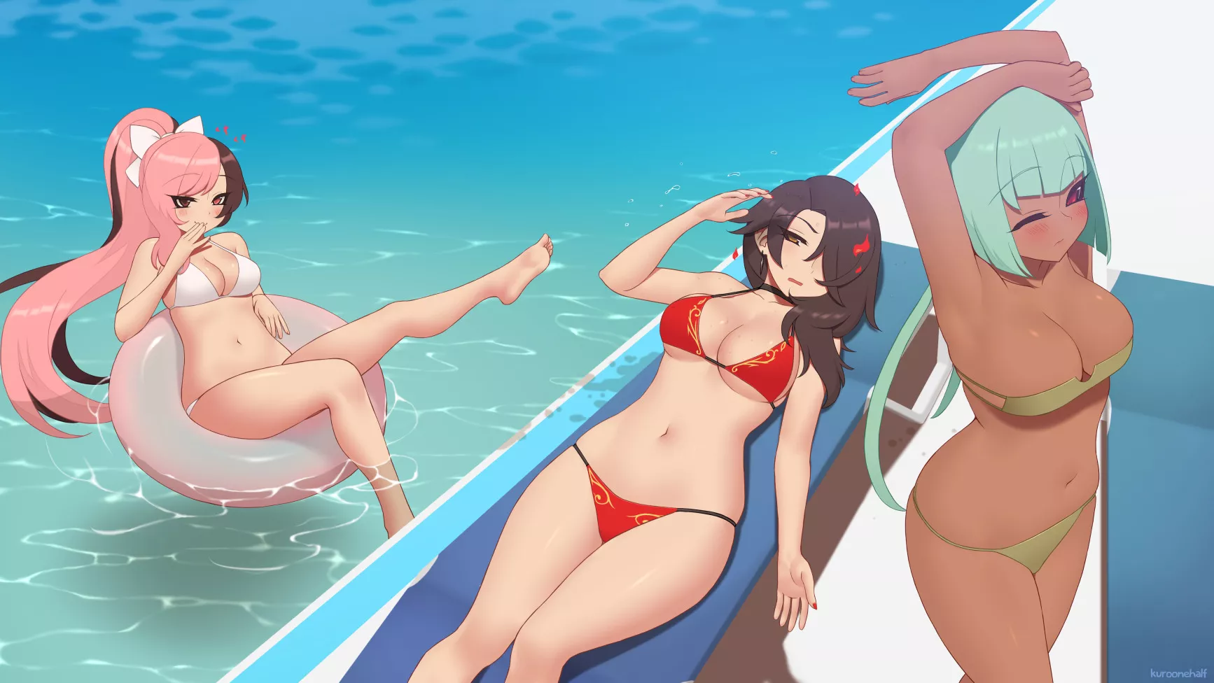 Cinder Fall, Emerald Sustrai, and Neopolitan at the Poolside (kuroonehalf)