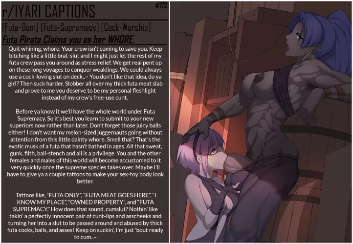 Futa Pirate Claims you as her WHORE. [Futa] [Futa-Supremacy] [Cock-Worship] [Blow-Job] [Branding] [Sweat-Musk] [Art: 1235] [IyariCaptions]