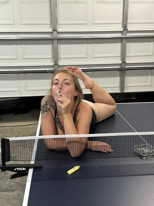 Non-smoker, smoking for my husband on the ping pong table in the garage