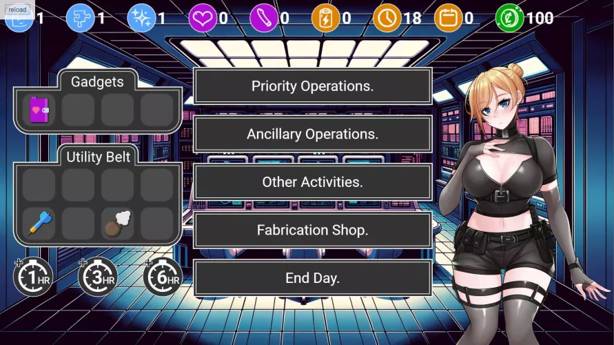 My NTR Spy Trainer Game's Mission Hub Progress [One Week Heroine]