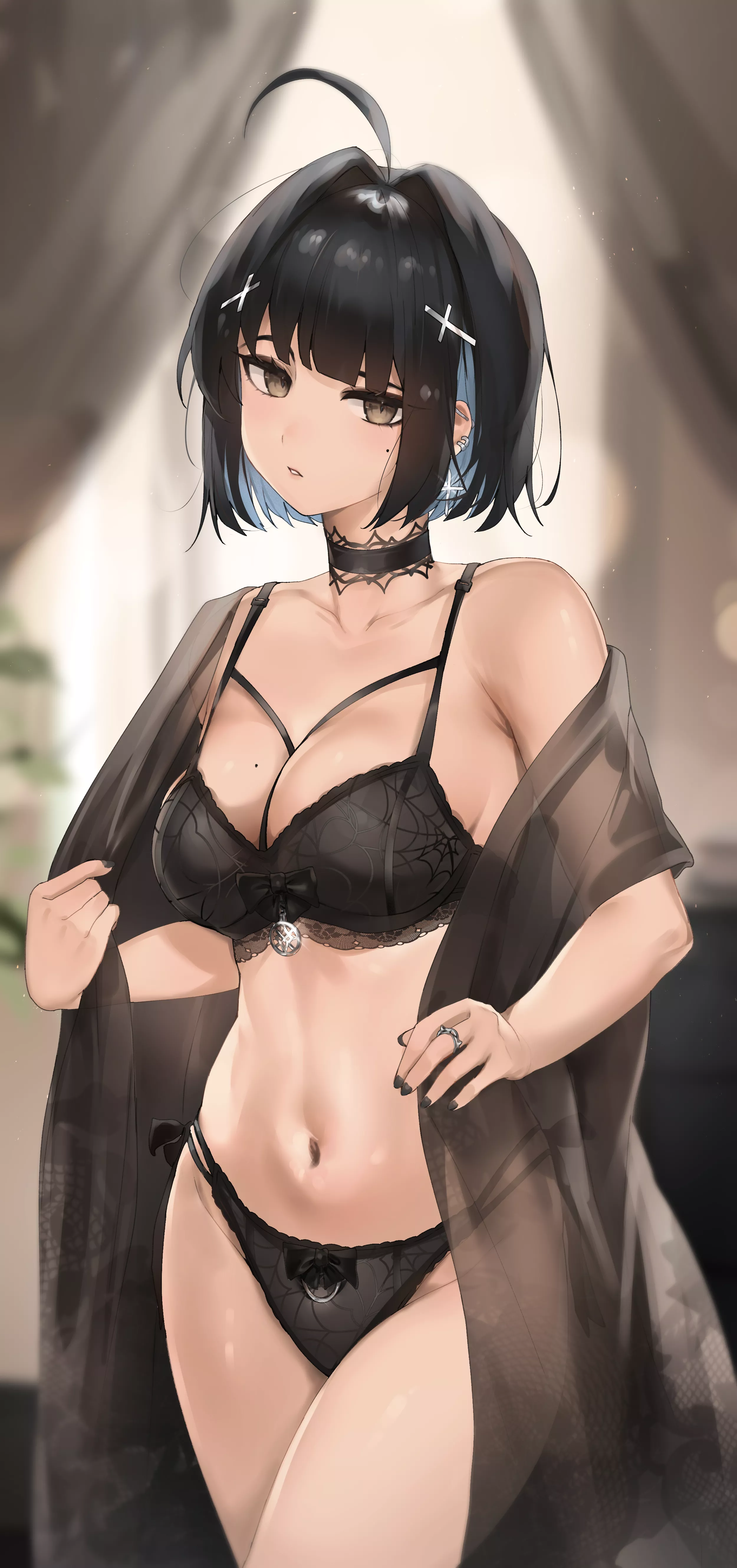 Trying on her new lingerie