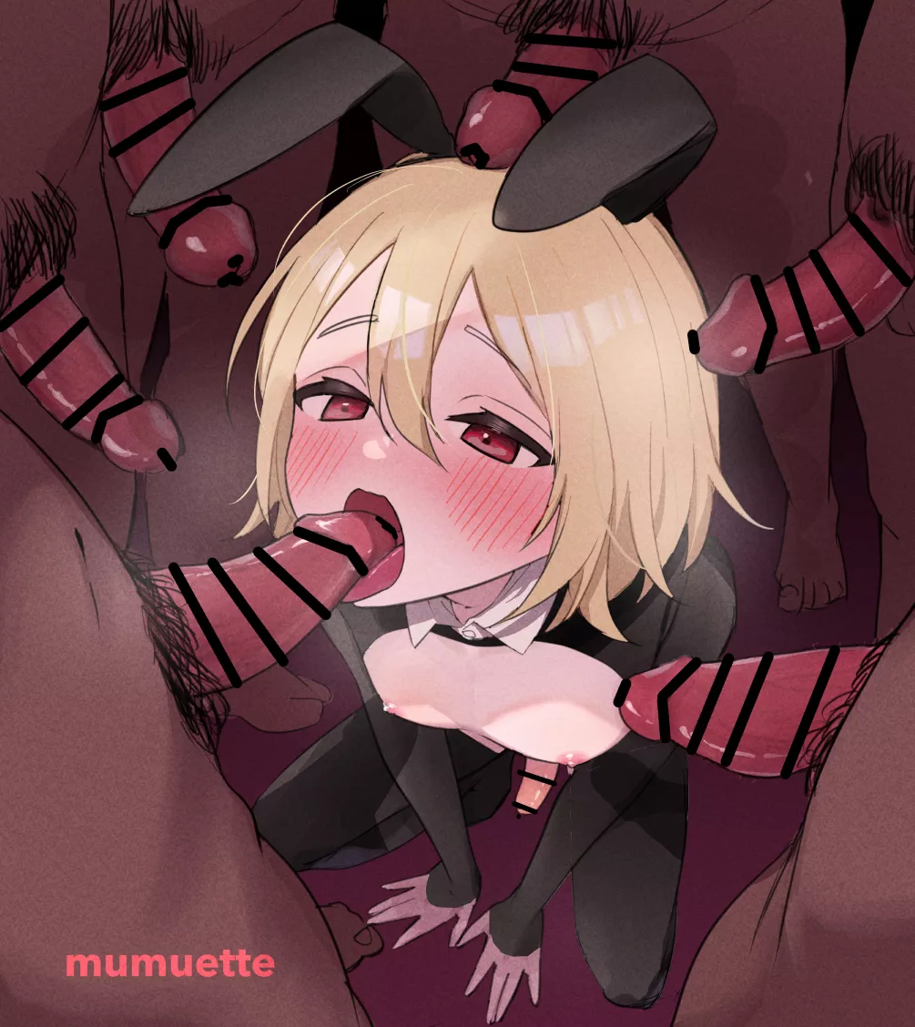 Cute bunny surrounded by cocks
