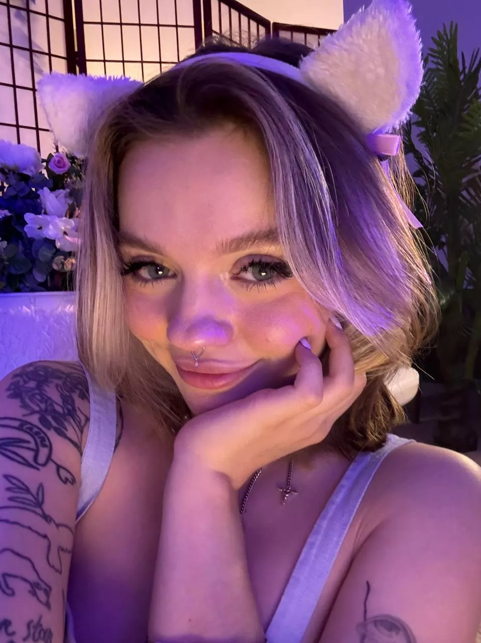 this cute cat likes to purr when you touch her belly. you touch her belly and go lower, don't you