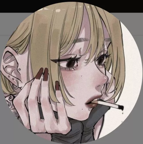 LF Color Source: goth, blonde hair, smoking, ear piercings, lipstick, cigarette, blushing, long fingernails, painted nails, tattoos