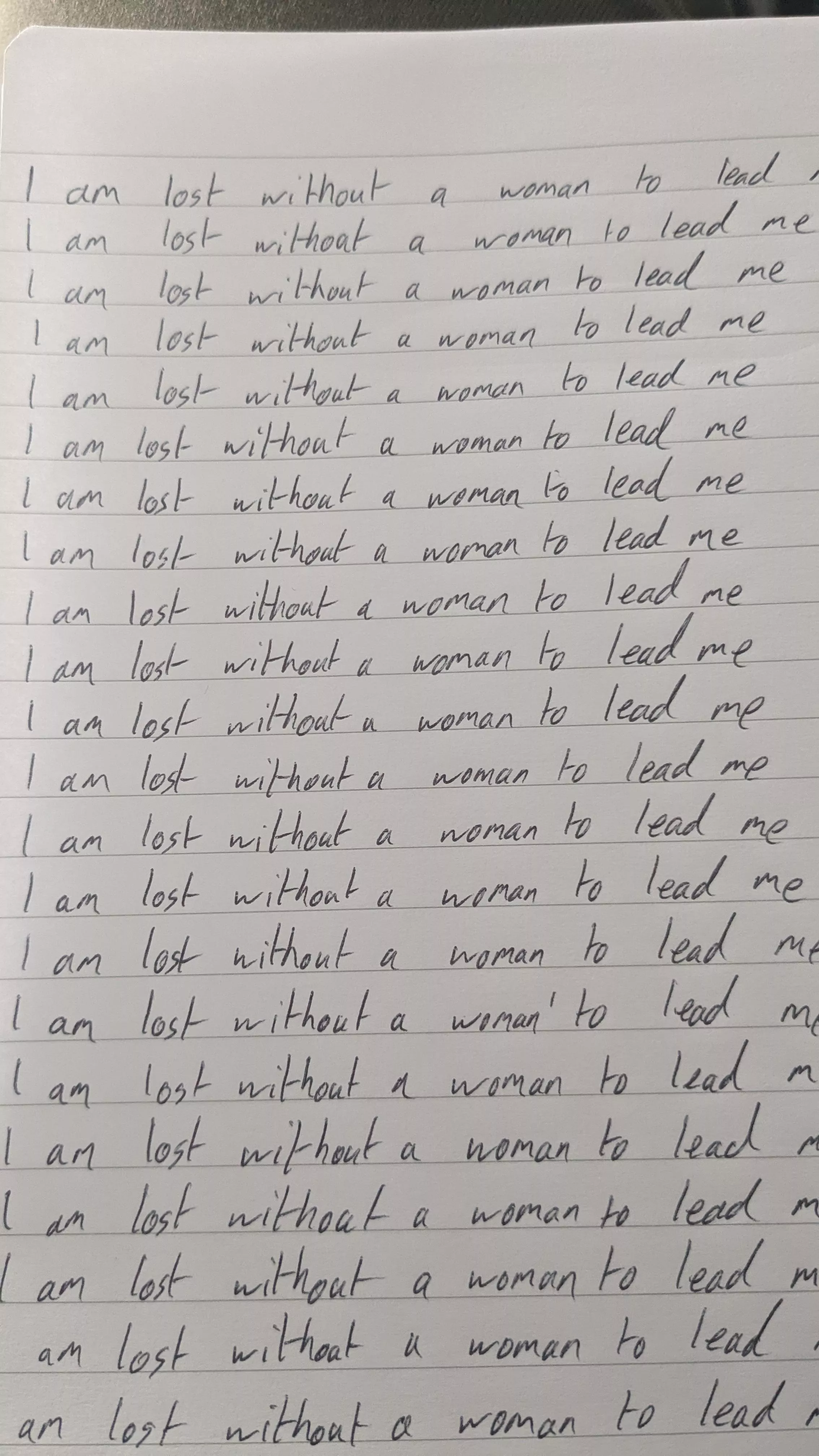 Writing lines to improve the male mindset