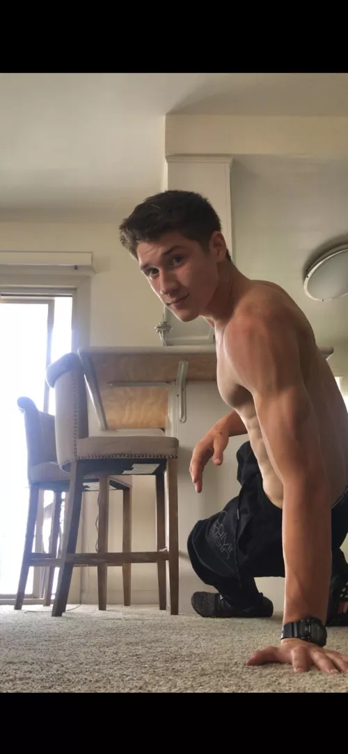 Hey, baby. Going to do some push ups. Lay down underneath me for “inspiration”.