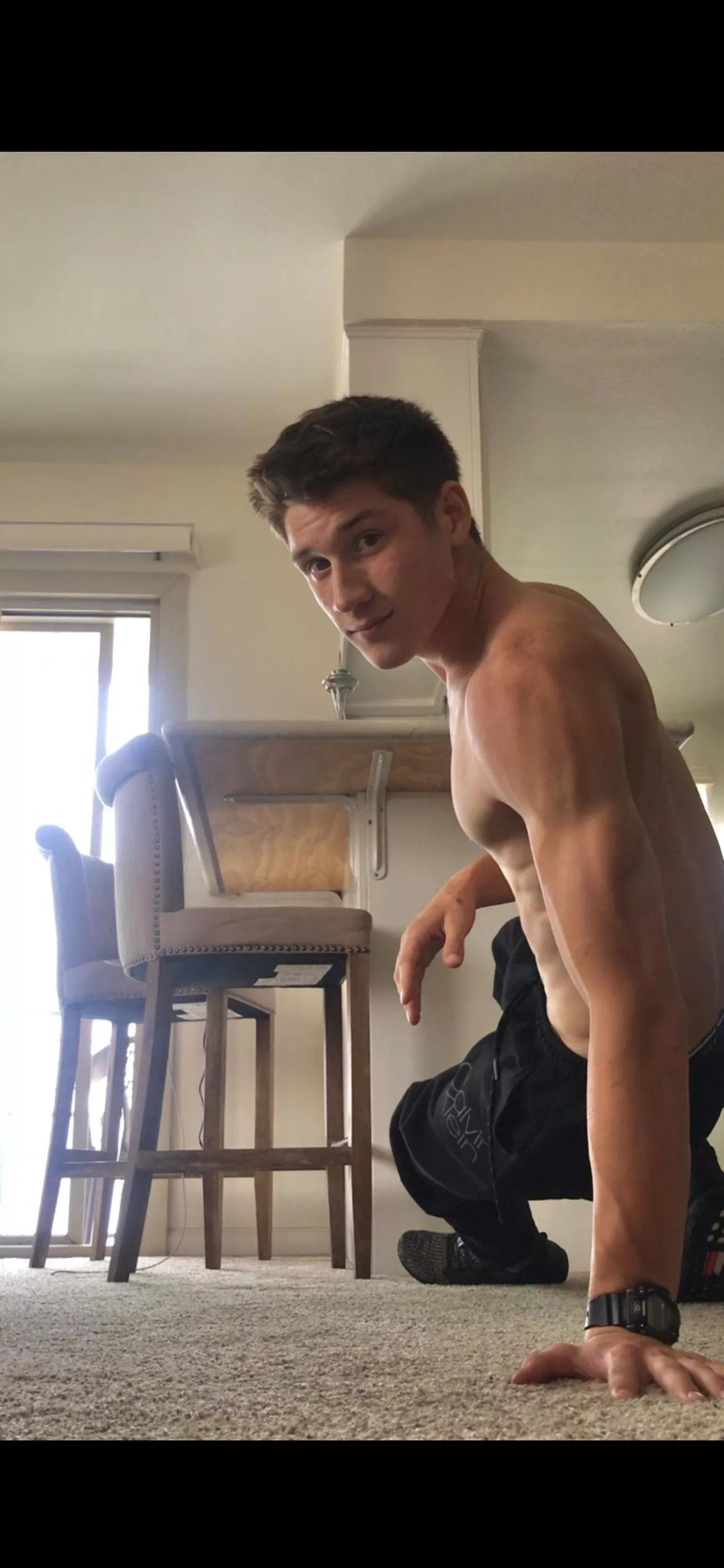 Hey, baby. Going to do some push ups. Lay down underneath me for “inspiration”.