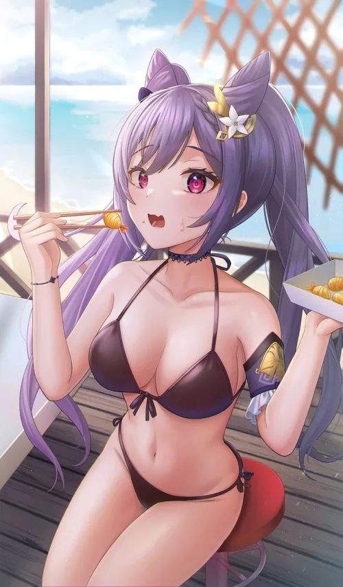 Keqing enjoying some fried shrimp in a beautiful black bikini (Genshin Impact)