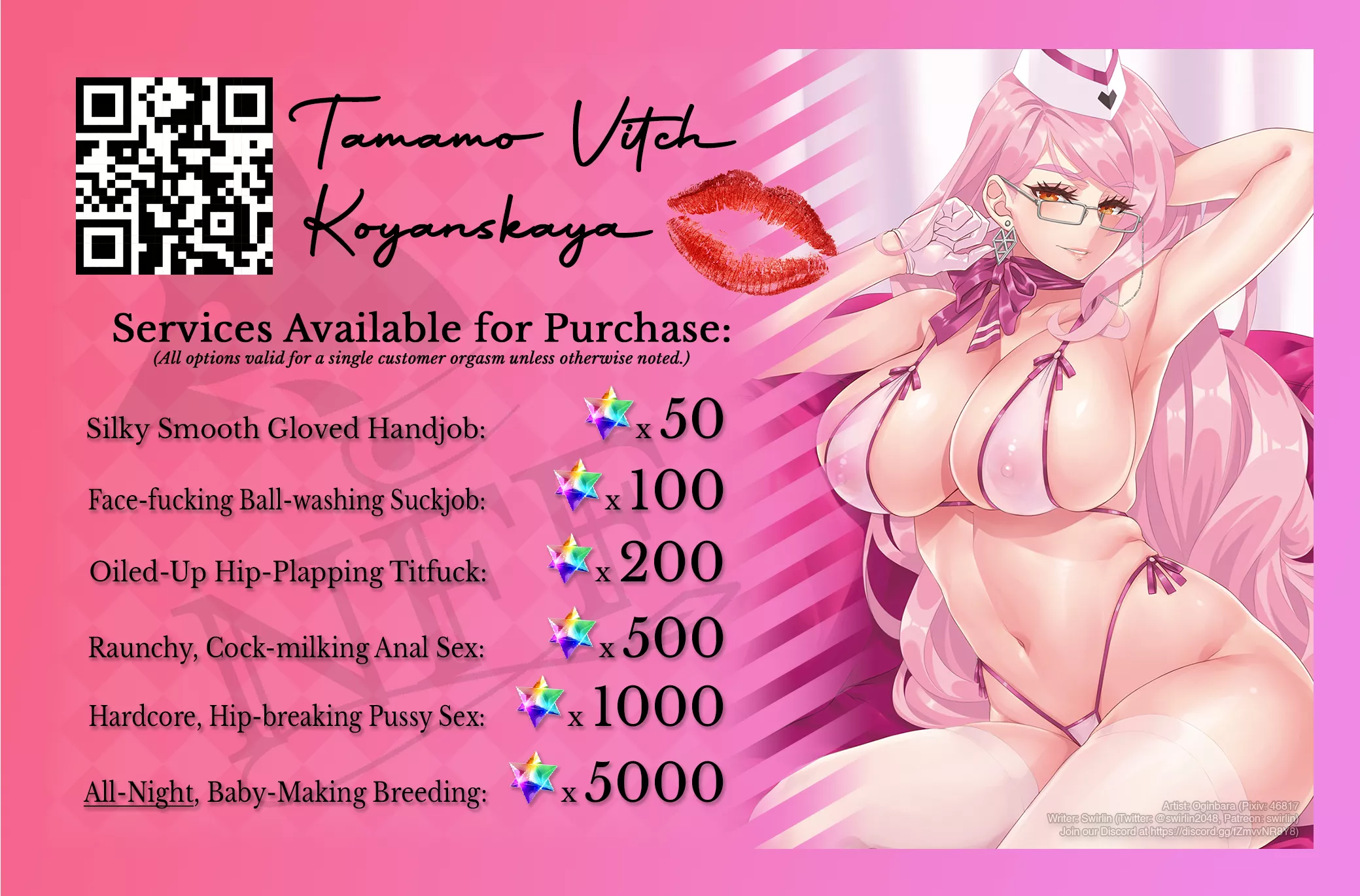 Koyanskaya's business card. What do you want off the menu? [FGO] [Prostitution] [Findom, sort of] [Male Viewer] [Hetero] [Try the QR code, it works!]