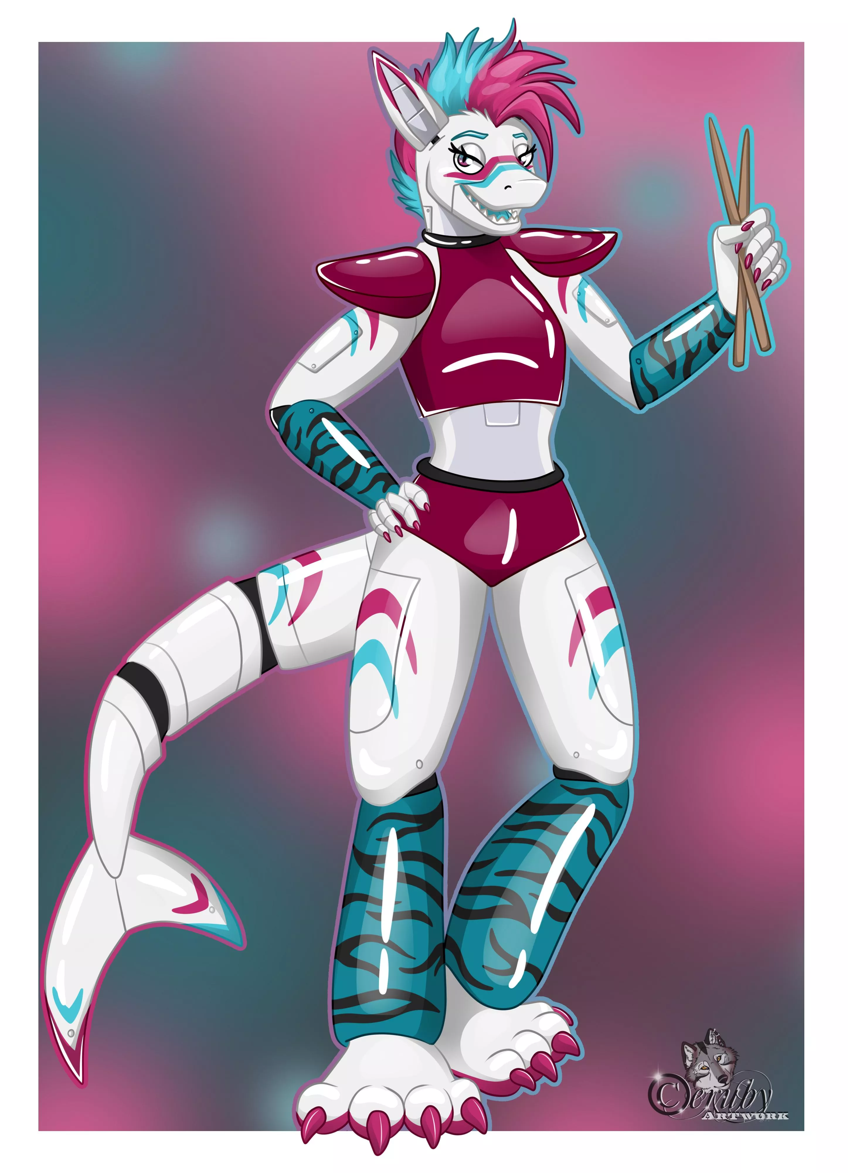 Meet Maike the shark, the new face at the pizzaplex! Her instrument is the drumset. (Ceruby)