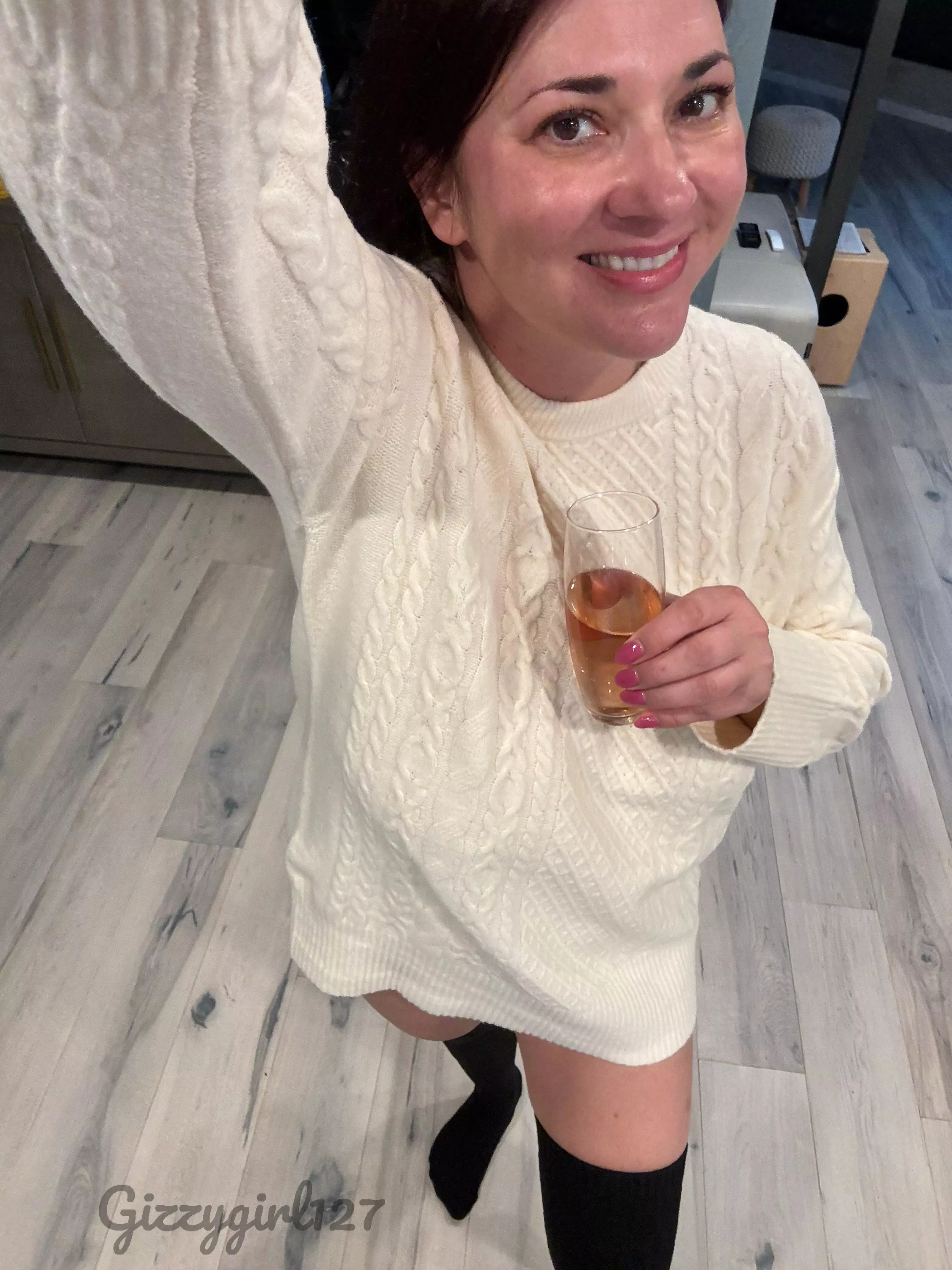 Short hair long sweater no pants