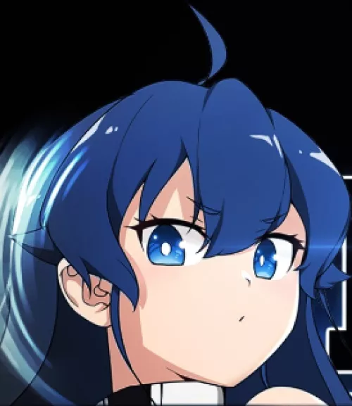 LF Color Source: blue eyes, blue hair, looking at viewer, collar(?), pouty face, exposed shoulder, thin eyebrows, white pupils