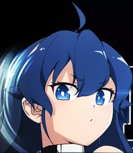 LF Color Source: blue eyes, blue hair, looking at viewer, collar(?), pouty face, exposed shoulder, thin eyebrows, white pupils