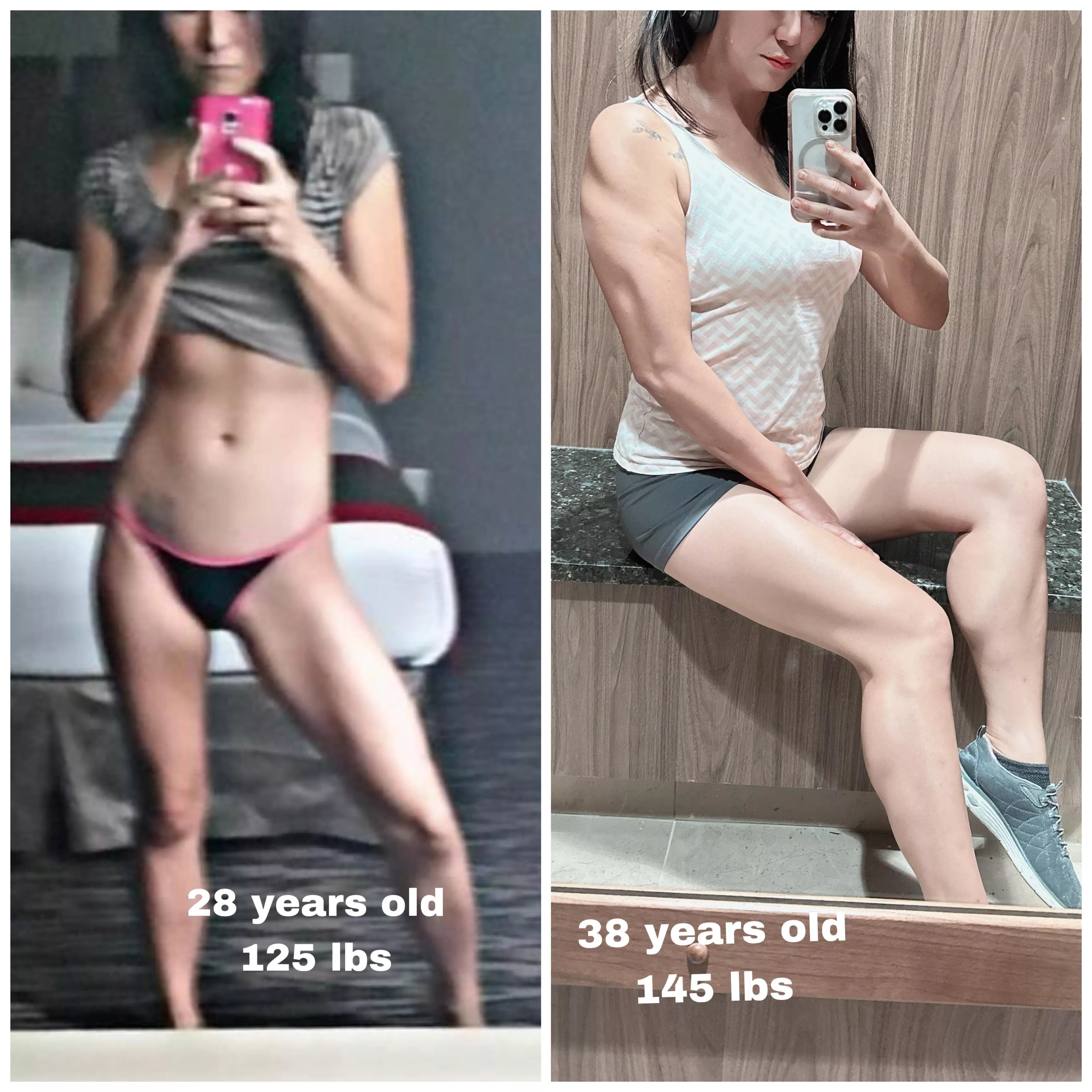 First post here: My legs at 125 lbs vs 145 lbs. Taken 10 years apart