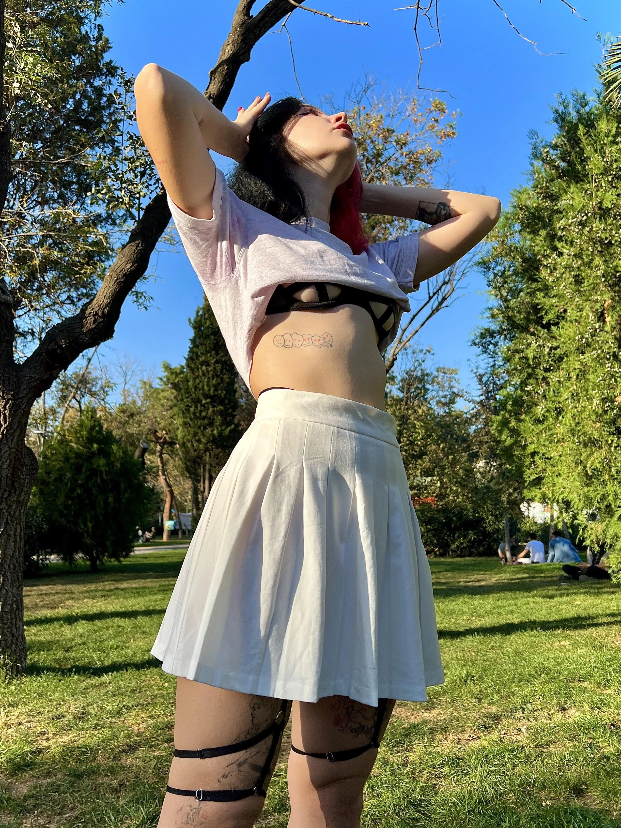 I have such beautiful lingerie peeking out from under my skirt.