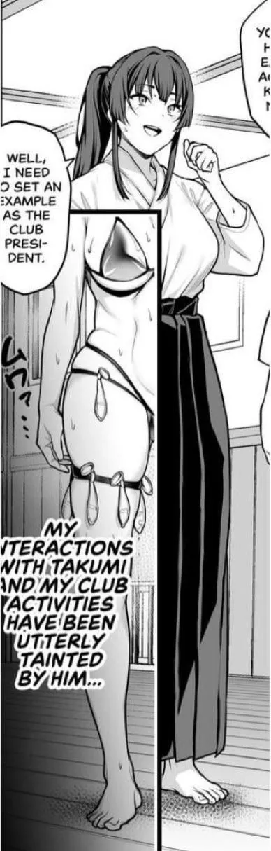 LF Mono Source: WELL I NEED TO SET AN EXAMPLE AS CLUB PRESIDENT MY INTERACTIONS WITH TAKUMI AND MY CLUB ACTIVITIES HAVE BEEN UTTERLY TAINTED BY HIM..., 1girl, kendo gi, bikini, condoms, sweat, long hair, ponytail, bangs, mouth open, garter, mouth open, s