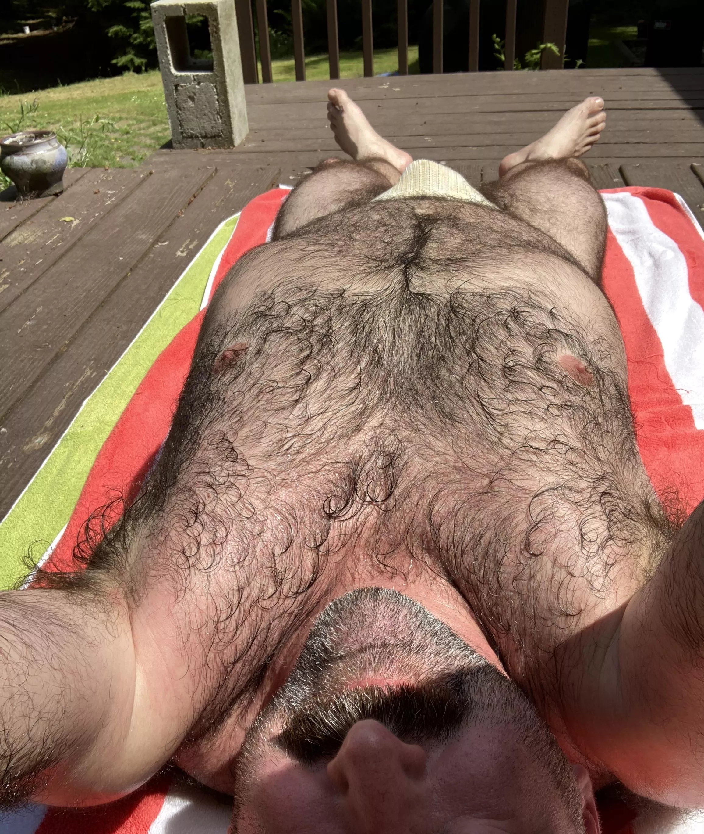 Missing sunny days when I can lay out in my jockstrap and let my chest get sweaty.