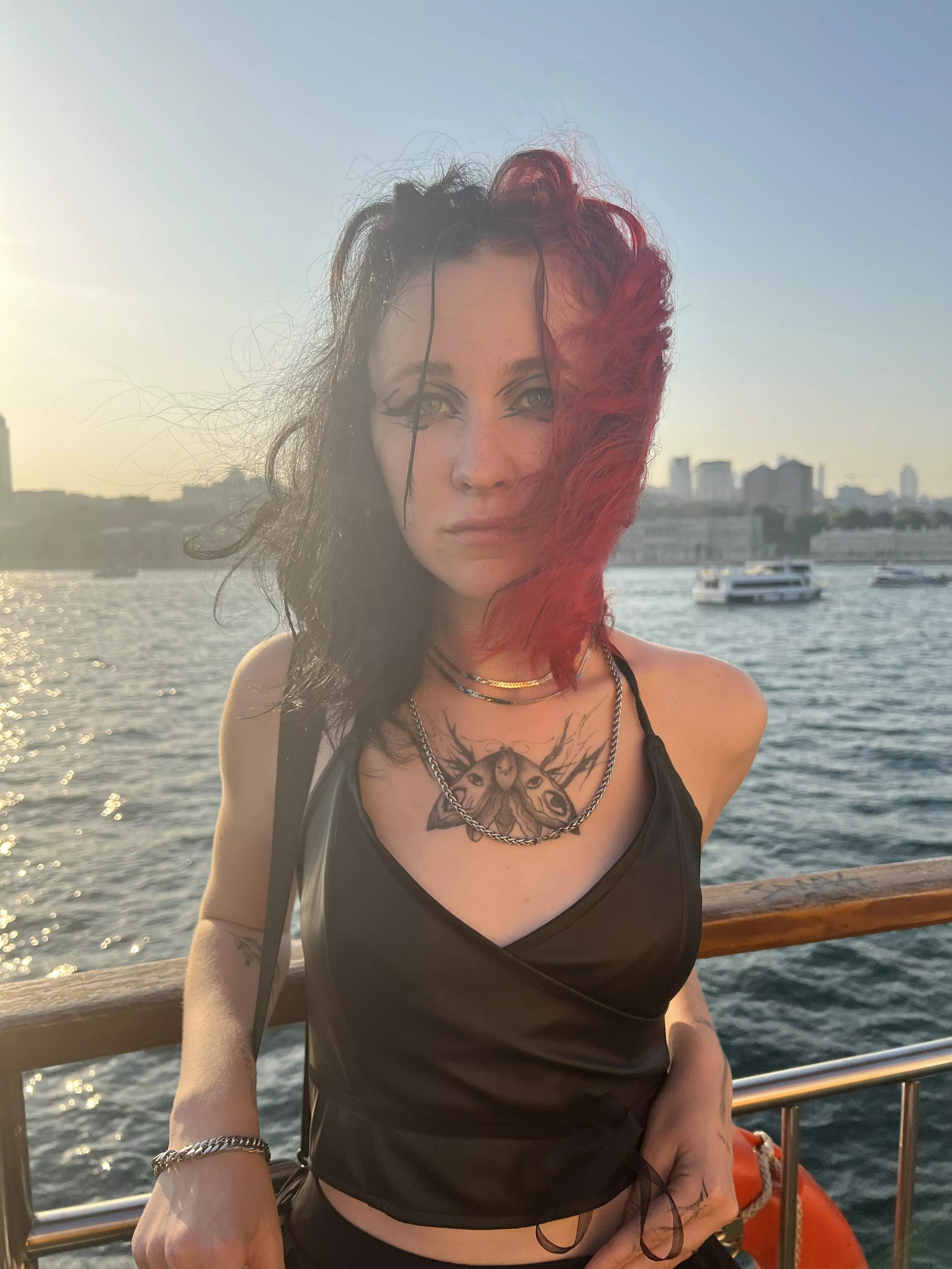 My leather top looks cool paired with dark makeup