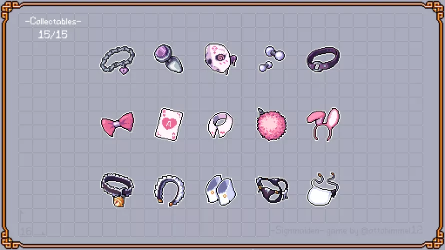 15 lewd collectable items for game I'm working on - Signmaiden! There will be 3 sets of 5 items each, every set unlocks the corresponding skin for main character Alyssa (by me, @ottohimmel12)