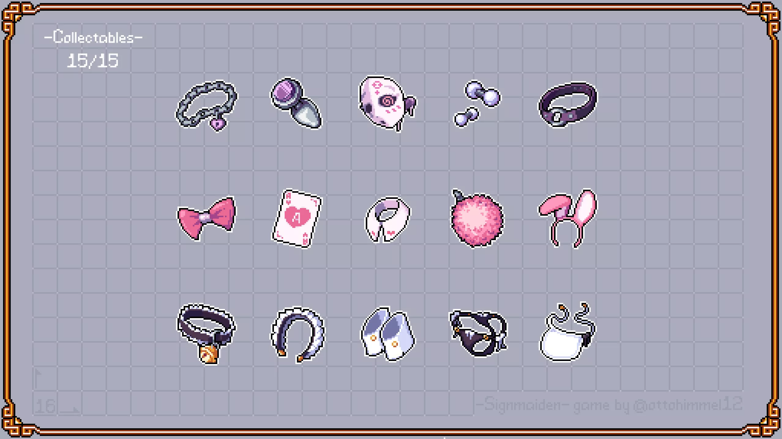 15 lewd collectable items for game I'm working on - Signmaiden! There will be 3 sets of 5 items each, every set unlocks the corresponding skin for main character Alyssa (by me, @ottohimmel12)