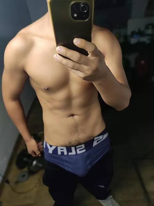 I take off my shirt and you can see my bulge