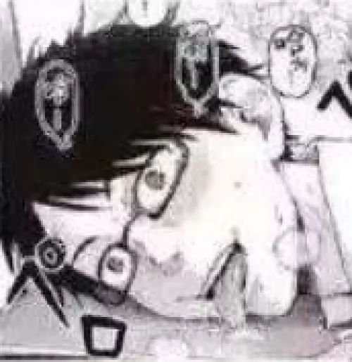 LF Mono Source: 1boy, ahegao, black hair, blush, breath, close-up, collared shirt, face, foreign text, glasses, heavy breathing, licking table, open mouth, rectangular eyewear/rectangular glasses, sfx, short hair, sweat, swept bangs, tongue out, torogao,