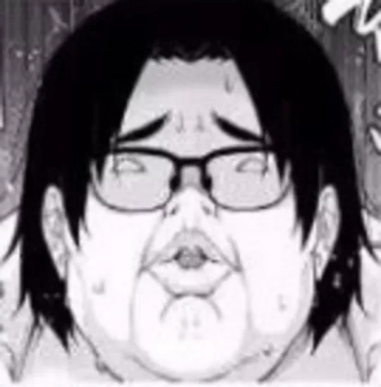 LF Mono Source: 1boy, black hair, close-up, face, facing up, facing viewer, fat man, forehead, furrowed brow, glasses, looking up, nostrils, parted bangs, parted lips, puckered lips, sfx, short hair, sweat