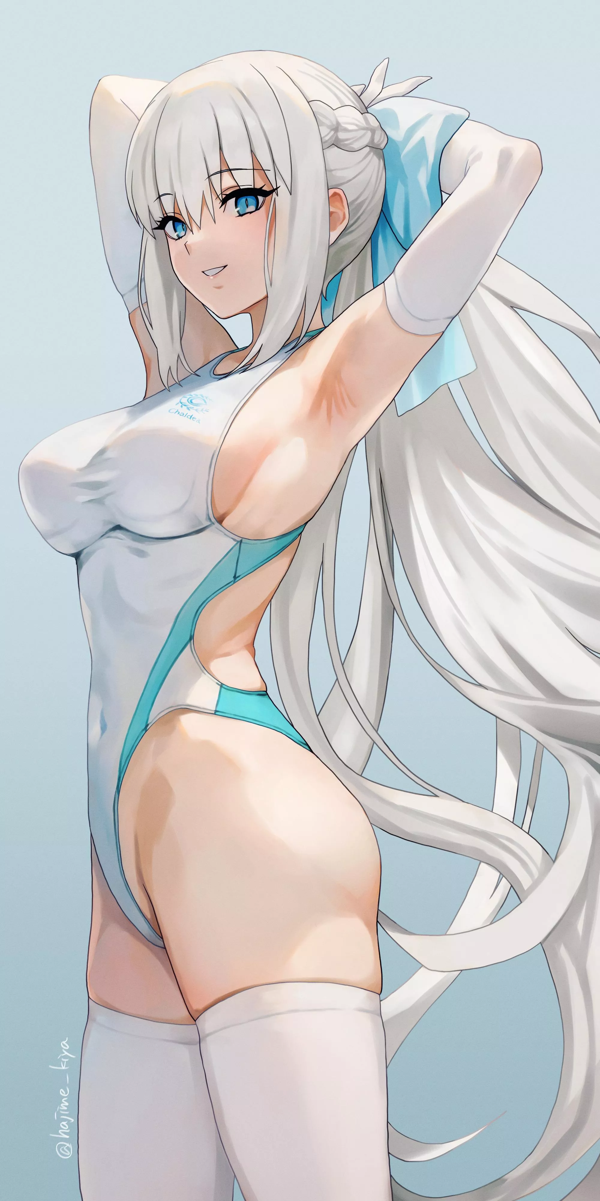 Morgan Le Fay in a competition swimsuit with elbow gloves and thighhighs (Kiya Hajime) [Fate/Grand Order]