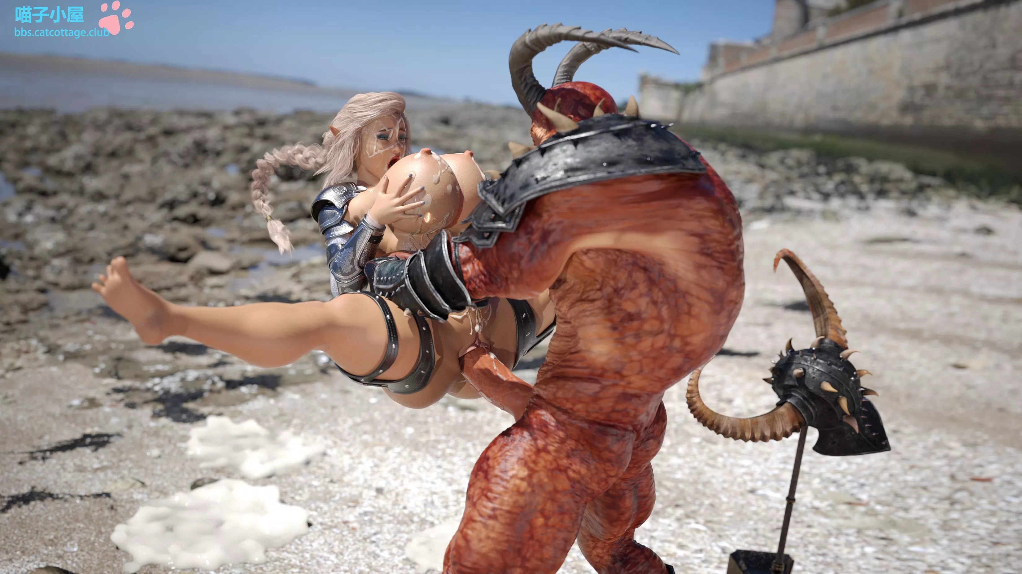 hot and busty warrior getting fucked by a beast (Artist: CJFLO)