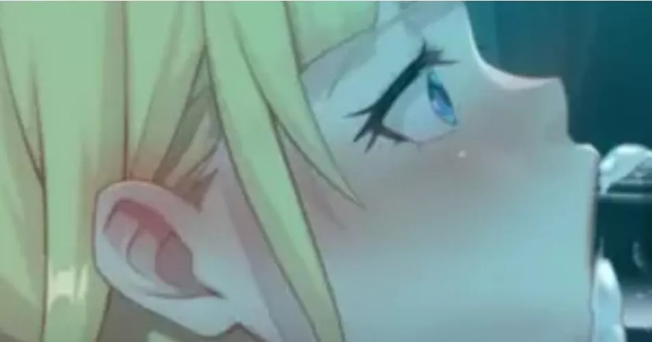 LF Color Source: 1Girl, blonde hair, blue eyes, blowjob, cum, cum overflow, from side