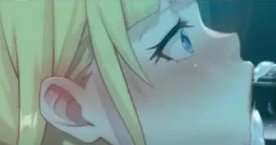 LF Color Source: 1Girl, blonde hair, blue eyes, blowjob, cum, cum overflow, from side