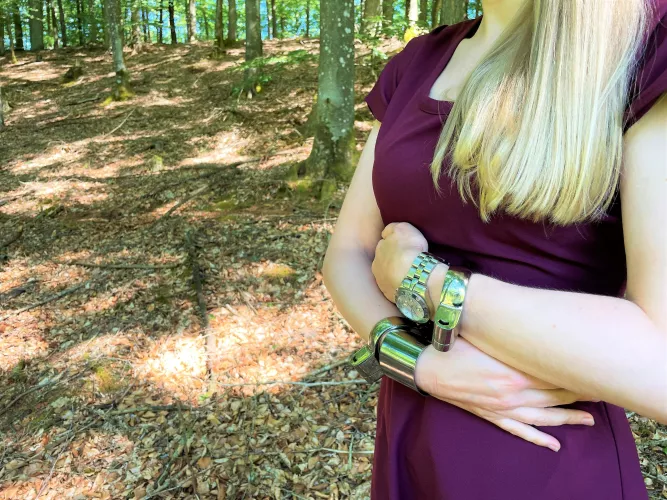 Wearing my KUB-128 cuffs while walking in the woods