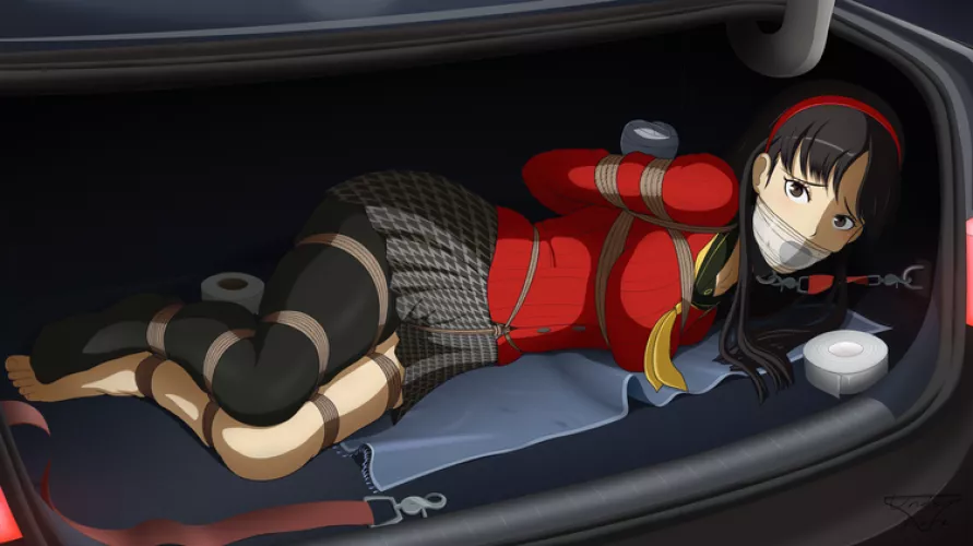 Yukiko tied up and put inside car trunk while she helplessly squirms
