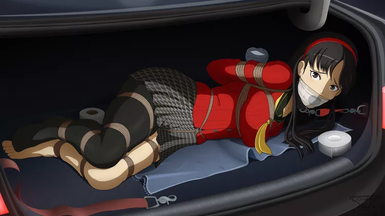 Yukiko tied up and put inside car trunk while she helplessly squirms