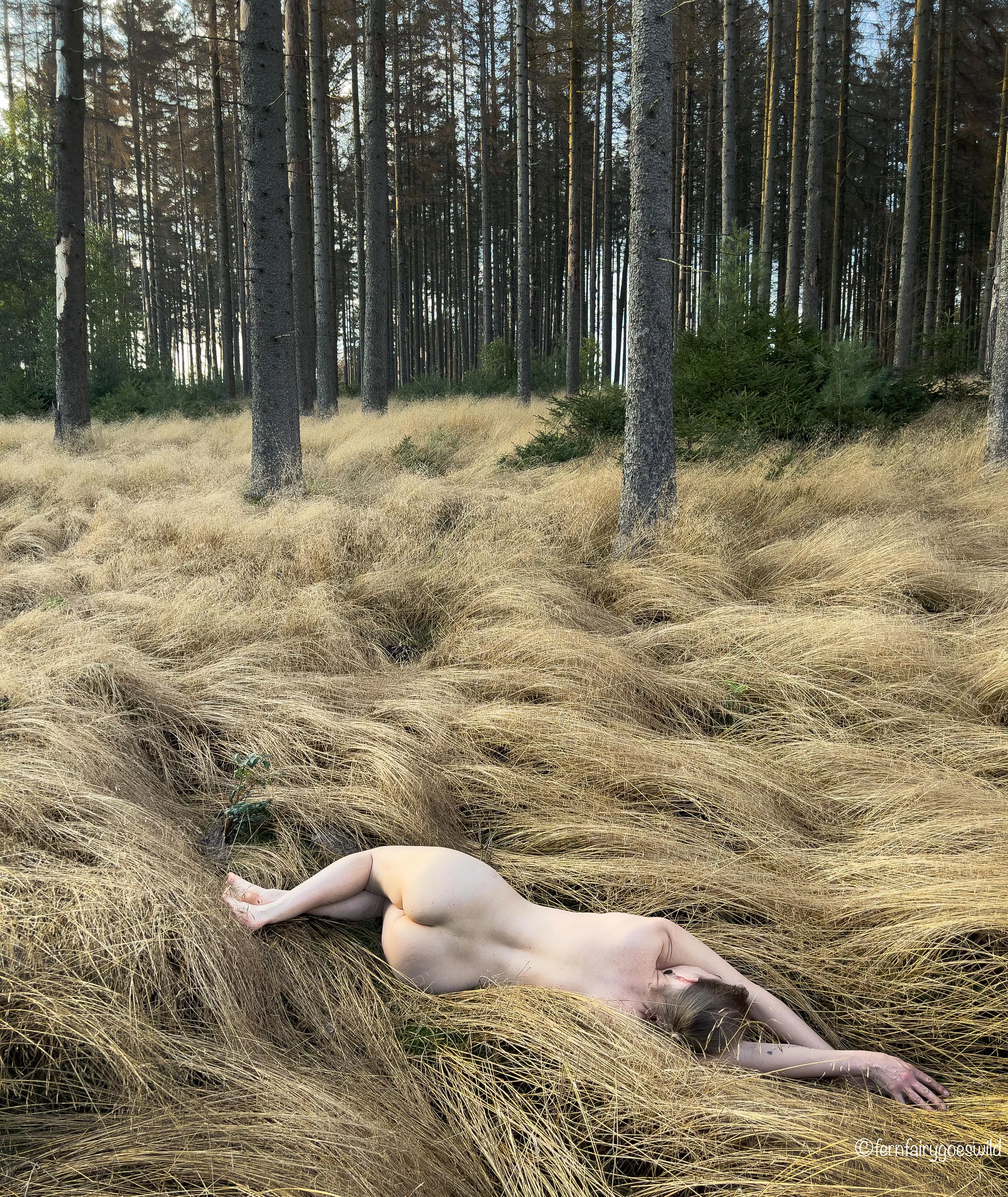 Self portrait of nudist blending into nature