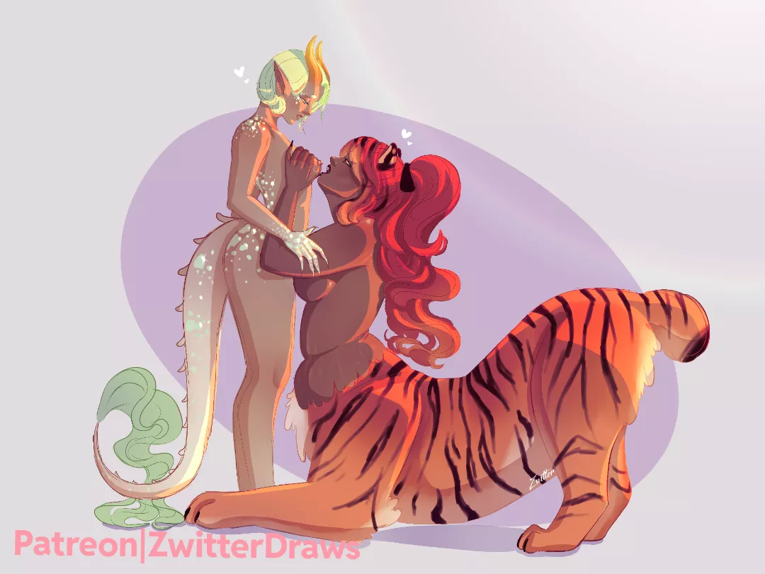 A Dragon and a tigre spynx... And they are girlfriends 🩷 sketch by me