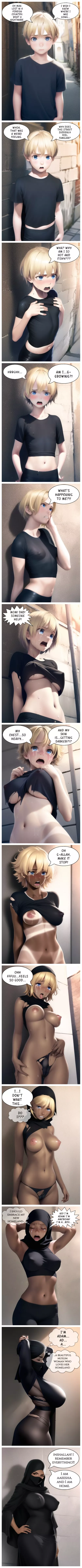 Turning into a beautiful Muslim woman (MtF, age progression, mental change, race change)