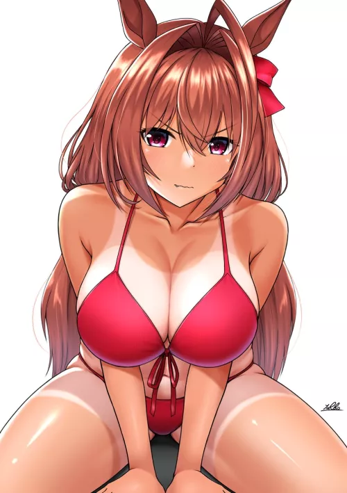 Showing her hot red bikini